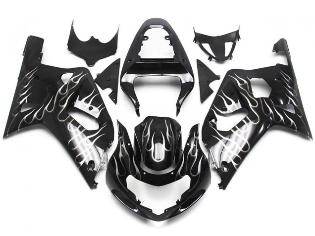 Black and White Gloss Flame 2001-2003 GSXR 600-750 Fairings