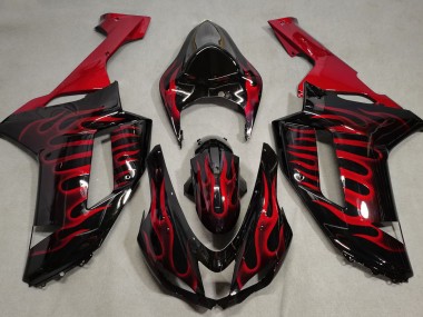 Gloss Black & Red Flame 2007-2008 ZX6R Fairings