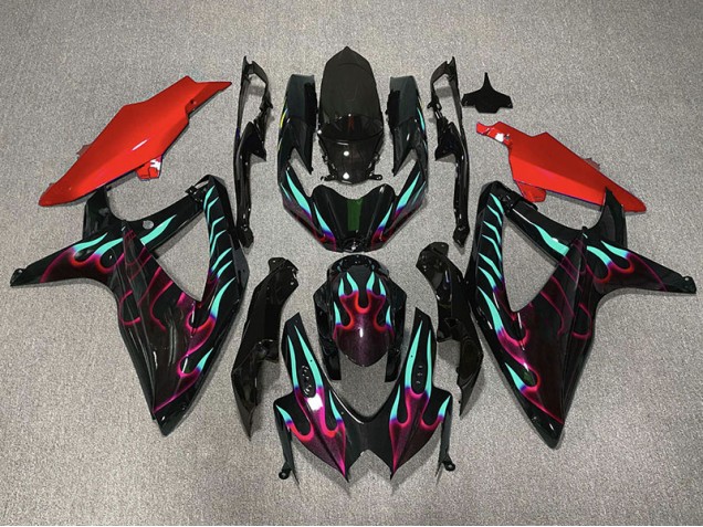 Red and Cyan Flame 2008-2010 GSXR 600-750 Fairings